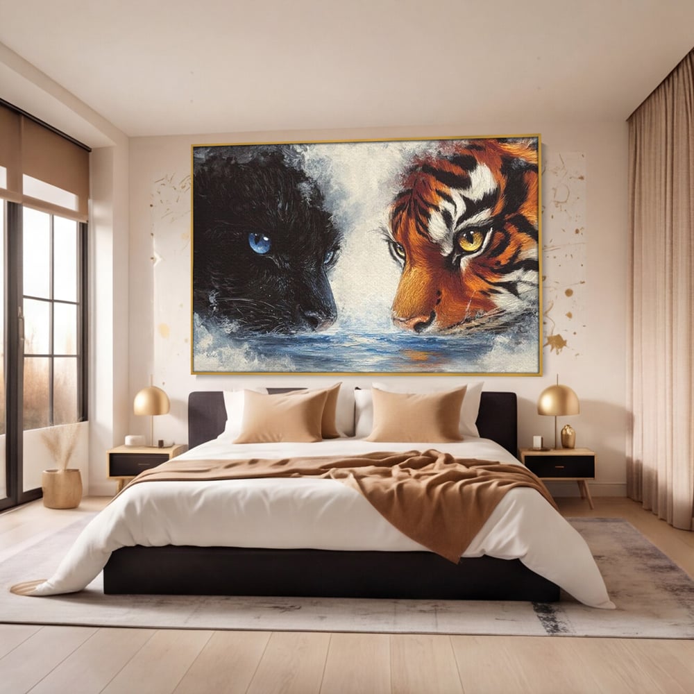 Tablou canvas cu tablou canvas cu pantera si tigru, in rama de aluminiu auriu, pe perete intr-un dormitor